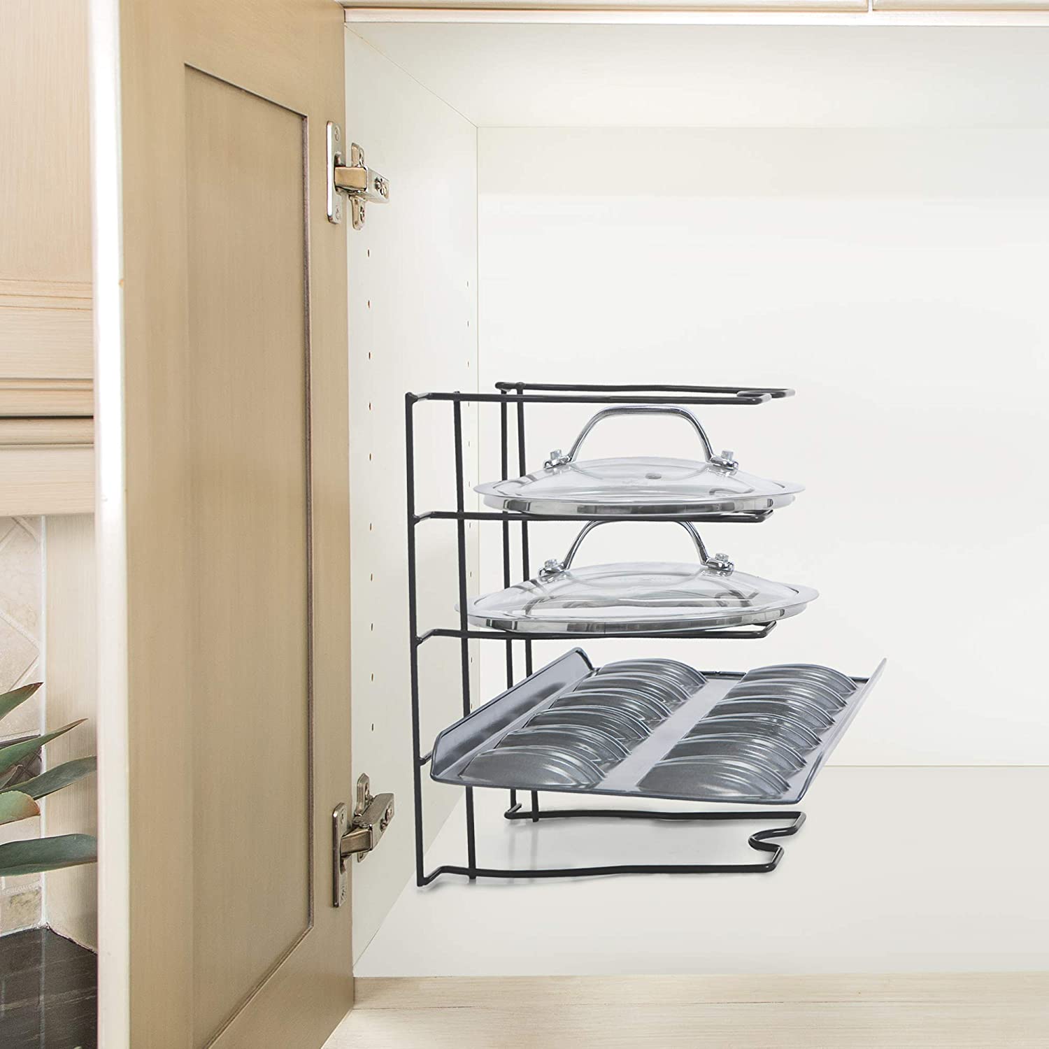 Bakeware and Lid Storage Rack with 4-Compartment Dividers