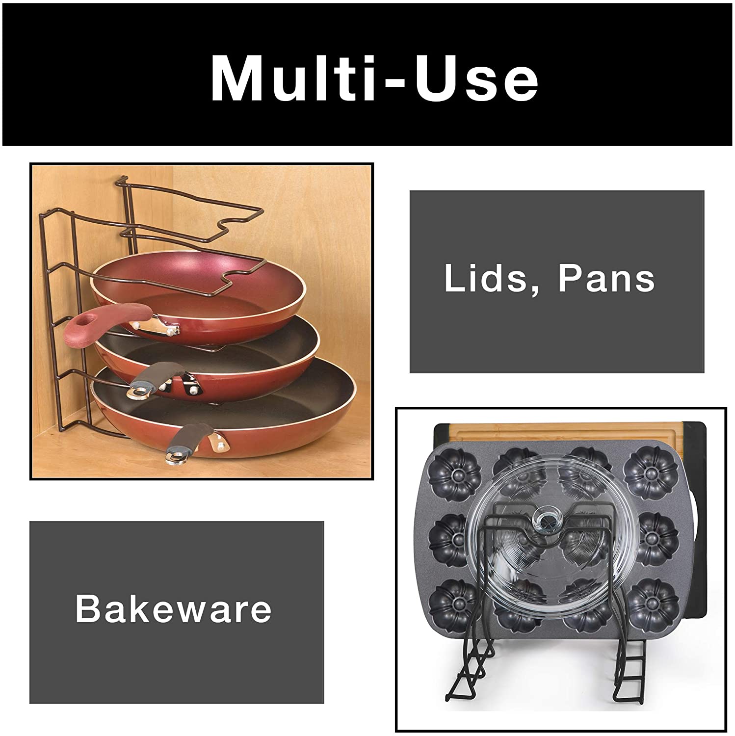 Bakeware and Lid Storage Rack with 4-Compartment Dividers