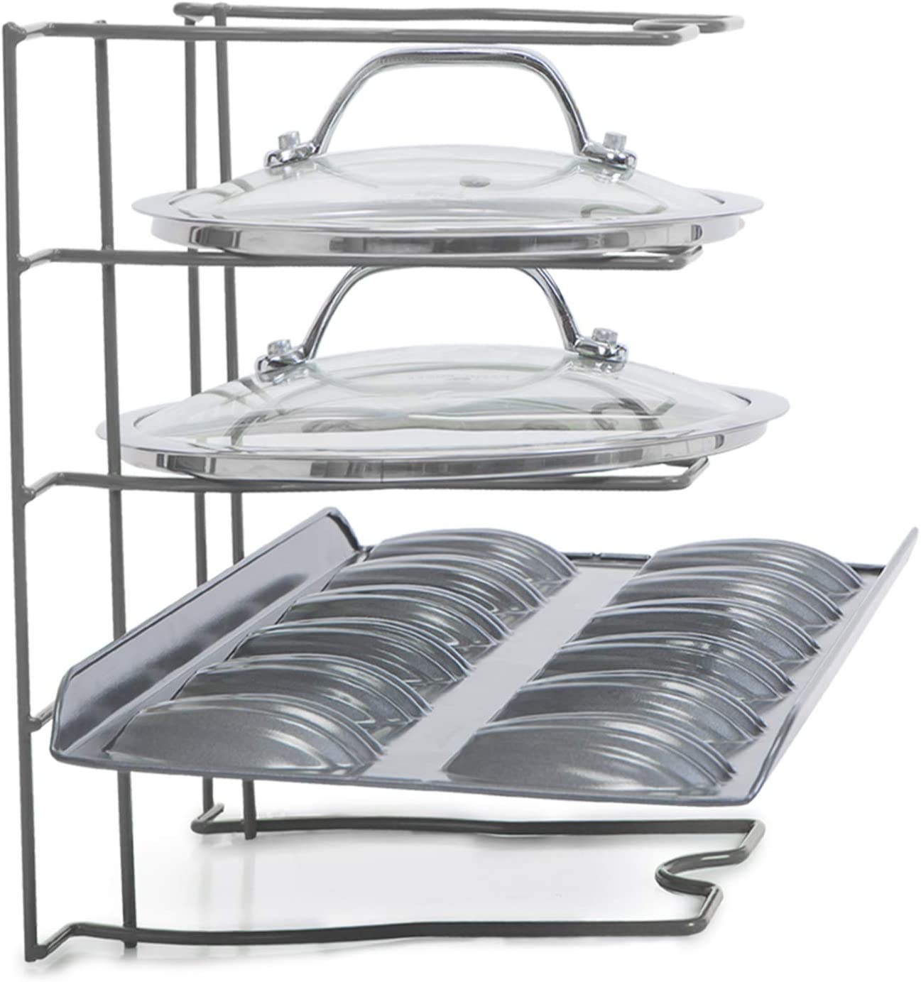 Bakeware and Lid Storage Rack with 4-Compartment Dividers