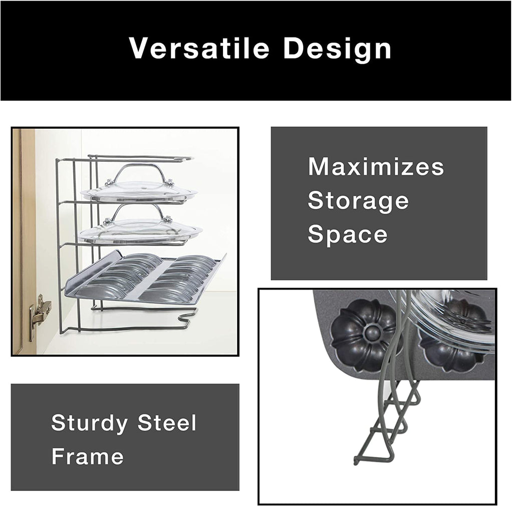 Bakeware and Lid Storage Rack with 4-Compartment Dividers