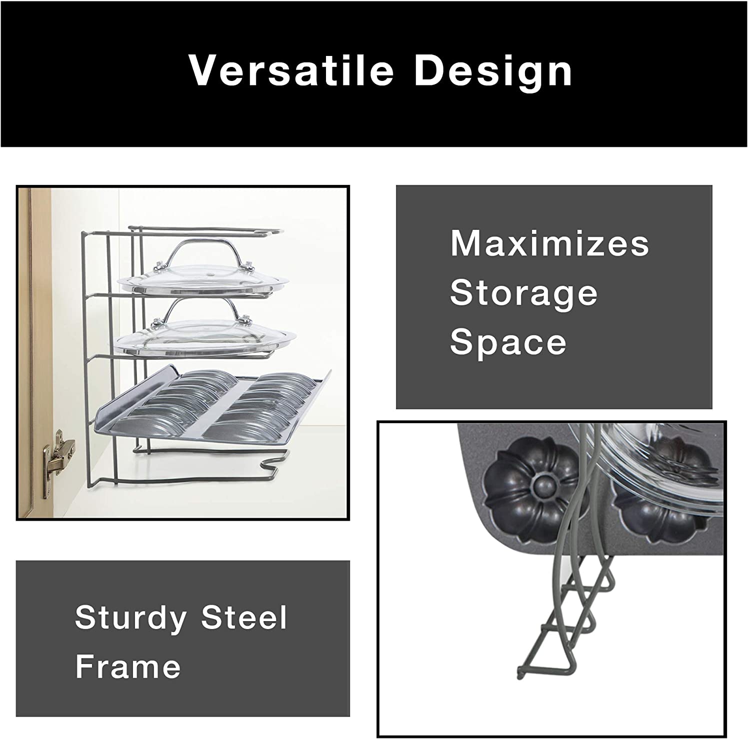 Bakeware and Lid Storage Rack with 4-Compartment Dividers